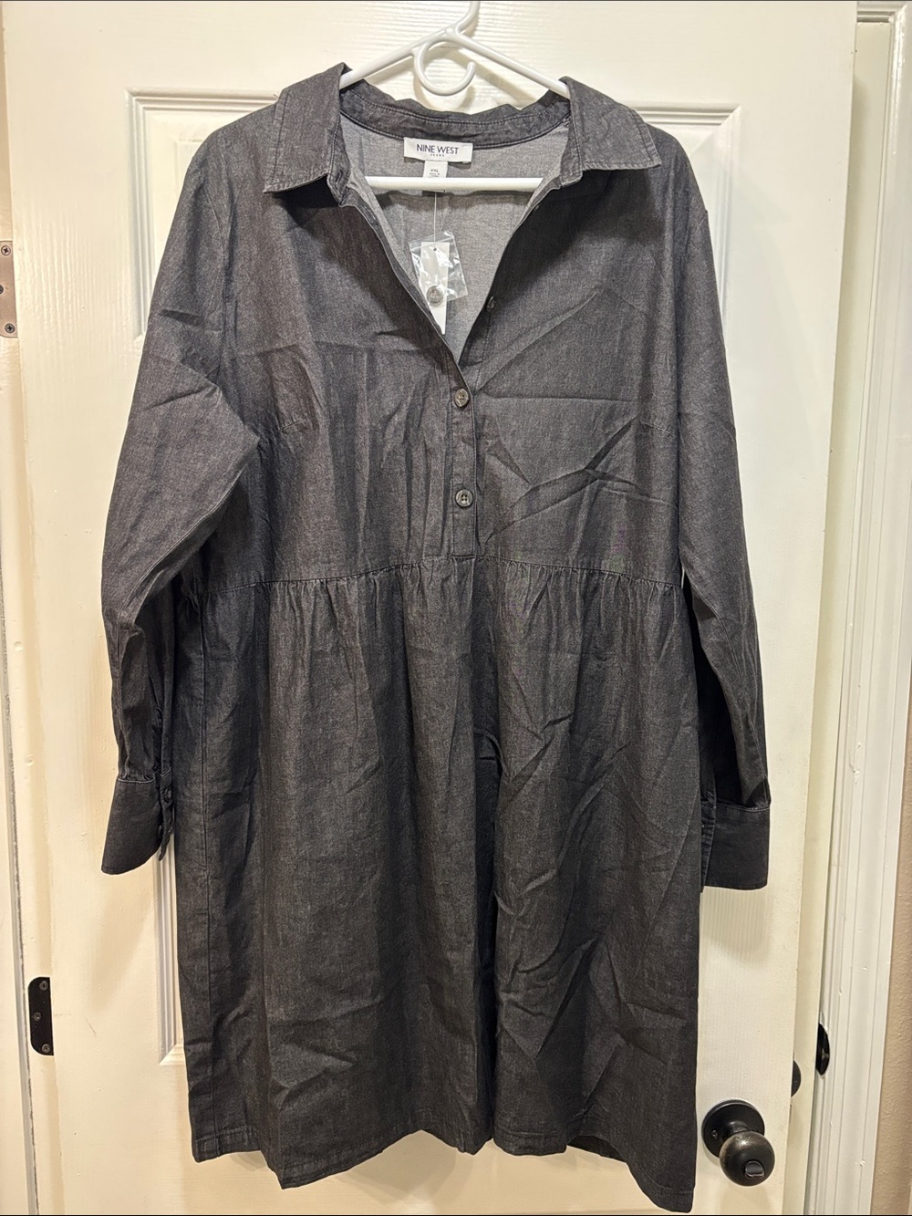 Nine West Dark Charcoal Gathered Shirt Dress